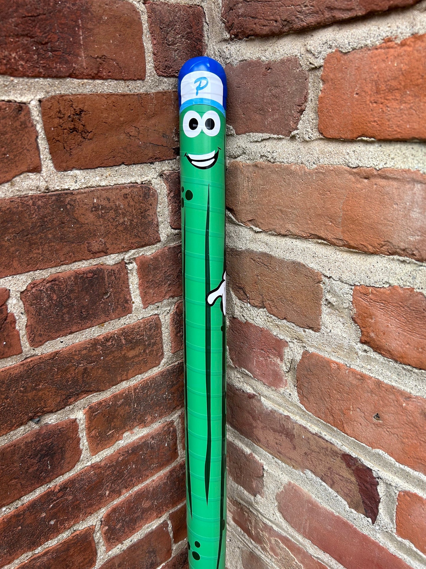 Green custom wrapped Wiffle bat with cartoon pencil design leaning against brick wall